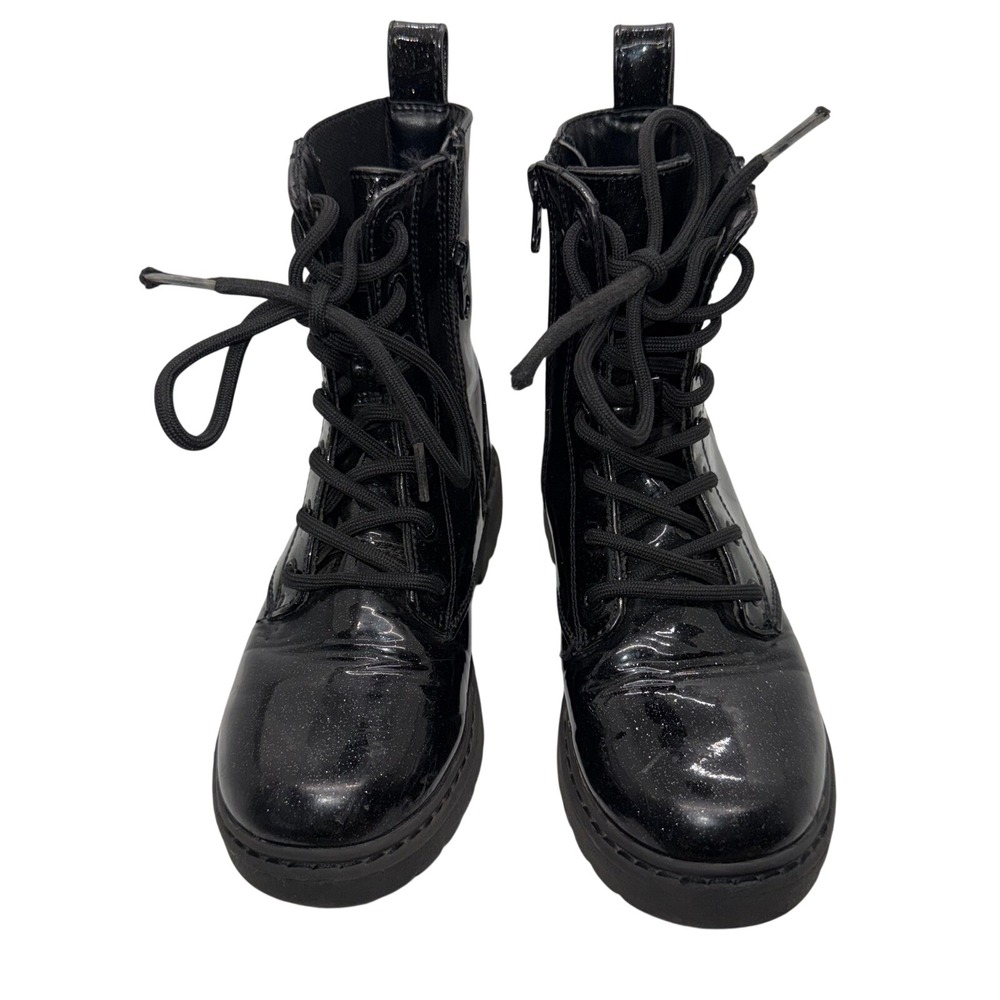 Art Class Girls Black Patent Glitter Combat Boots Side Zip Lug Sole Size 13